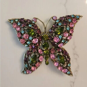 Vintage Butterfly Brooch Multicolor Rhinestones Midcentury 2 inches Pink